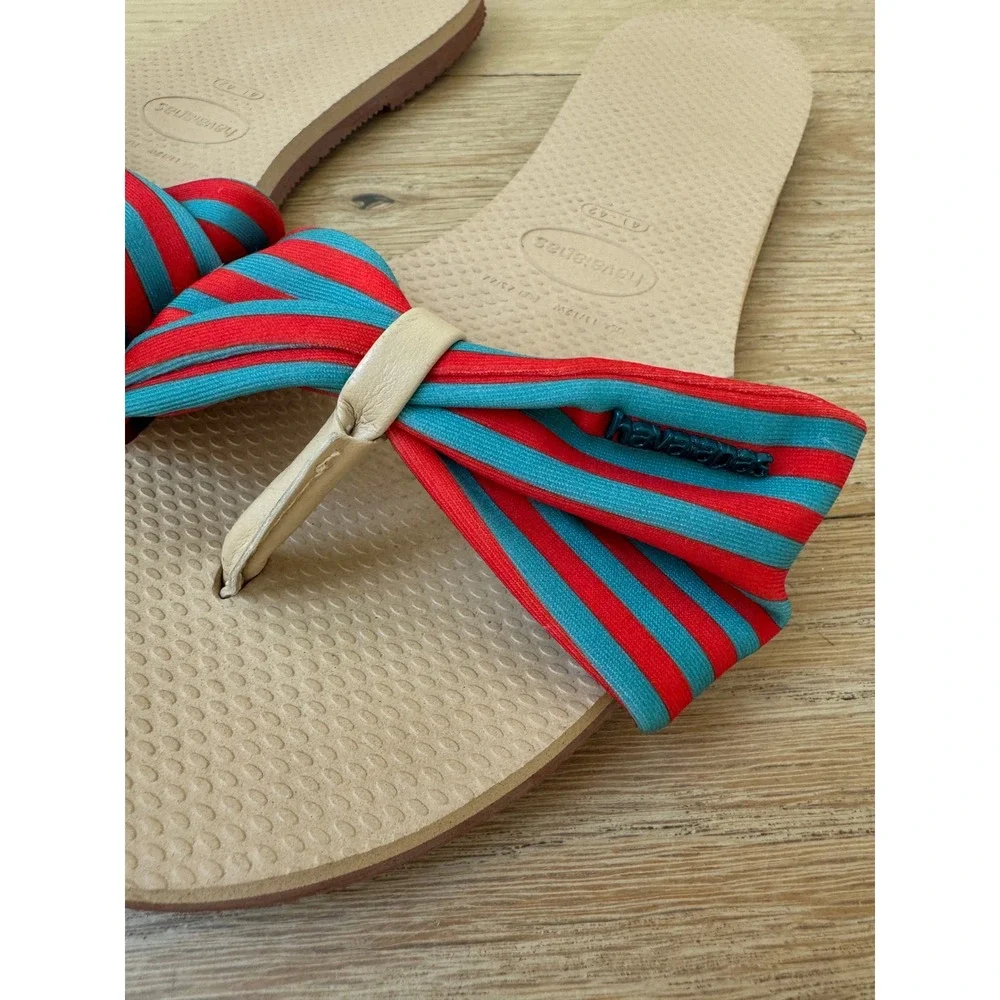 Havaianas Saint Tropez Striped Bow Slide Sandals Red Blue Coastal Resort 11/12